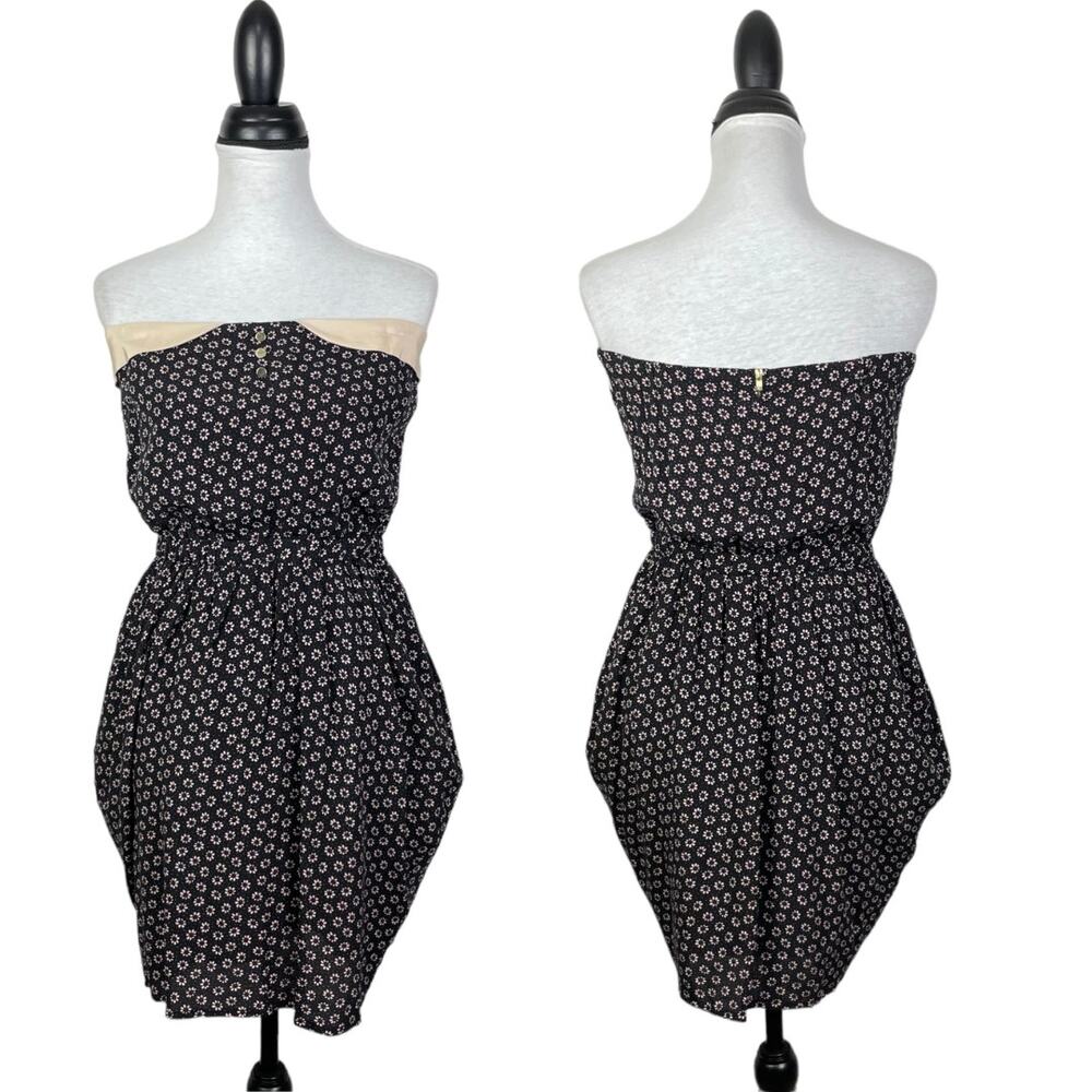Sandro Sz 3 Black and Pink Floral Strapless High Waist Mini Dress w Pockets